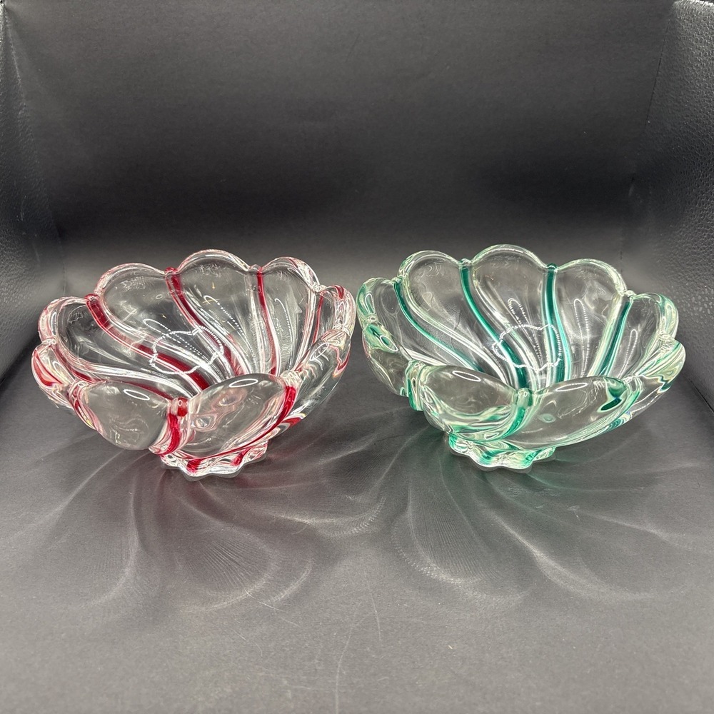 2 Vintage Mikasa Candy/Nut Bowls Red & Green Peppermint Swirled